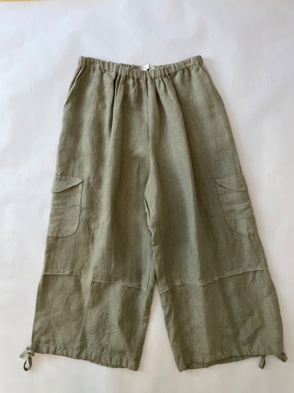 Krista Larson Wide Leg Beige Tan Linen Cargo Pants, One Size, Lagenlook Boho